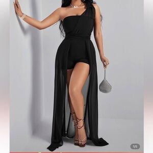 Chic Black High-Low Skirt with Sheer Overlay